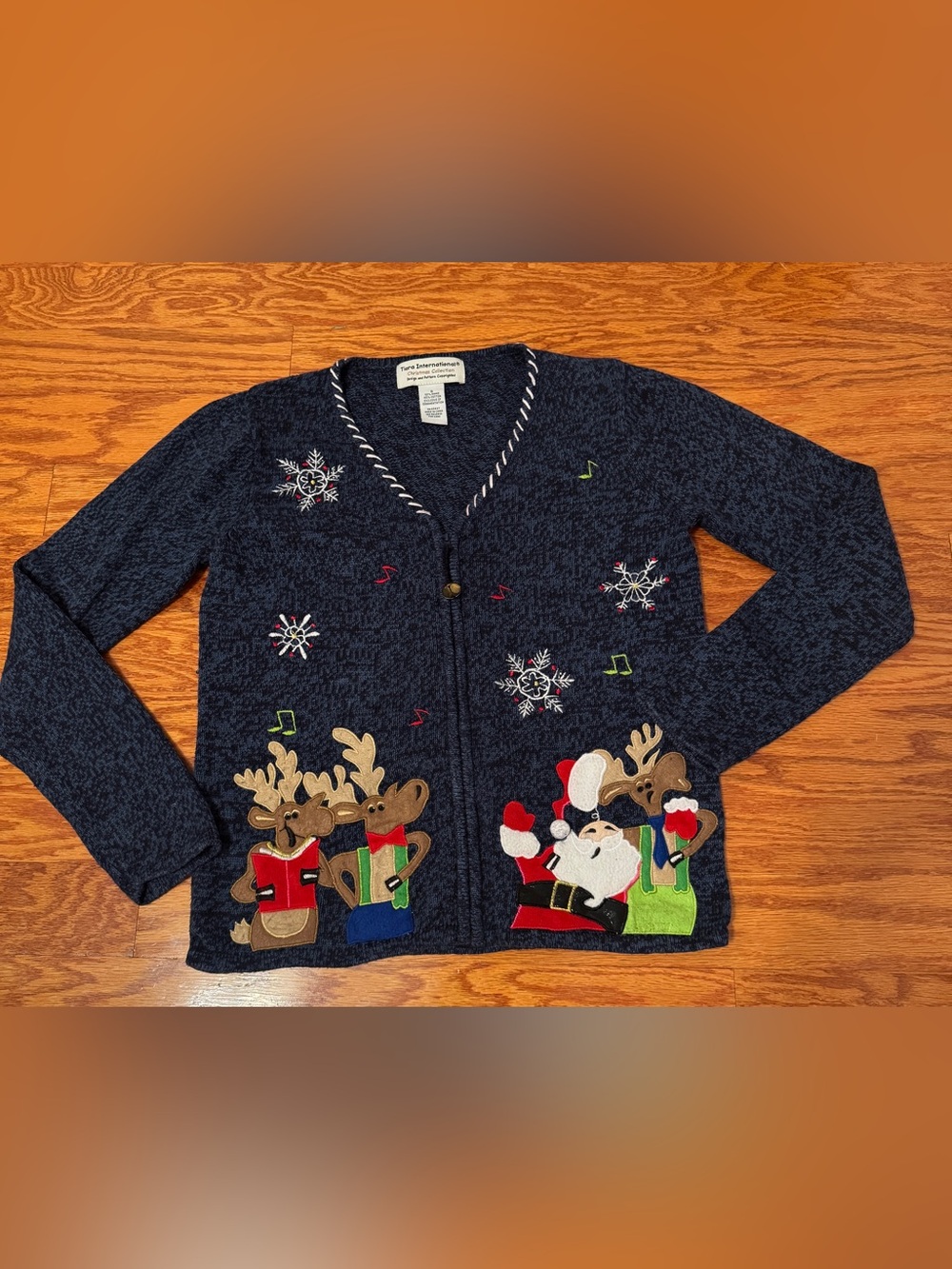 Tiara International Navy Holiday Embellished Cardigan